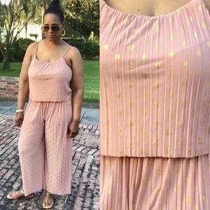 Womens Gold Foil Polka Dots Spaghetti Straps One-Piece Wide Leg Pants Jumpsuit